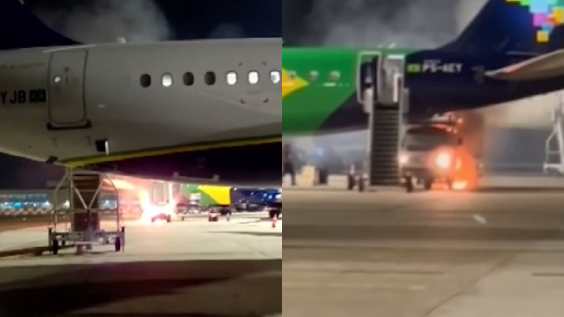 Caminhão de serviço pega fogo em pista de aeroporto