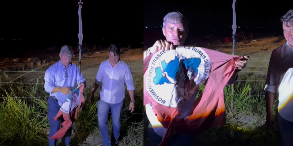 Cabo Bebeto arranca bandeira do MST e comemora desapropriação: “Nosso troféu”