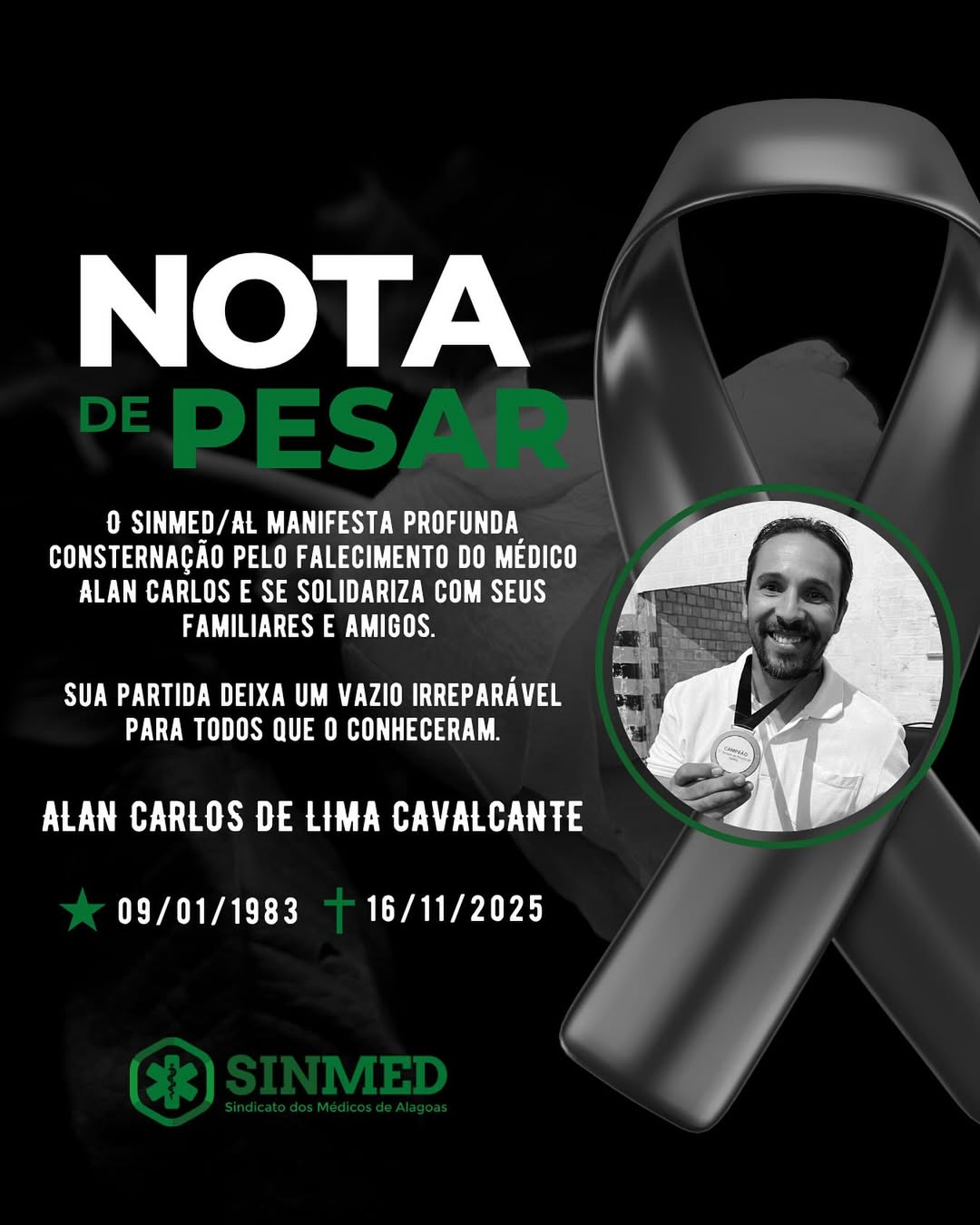 Sindicato dos Médicos de Alagoas publica nota de pesar sobre médico assassinado
