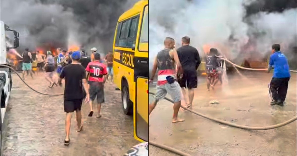 Vídeo mostra momento em que moradores tentam conter incêndio em ônibus escolares de Boca da Mata