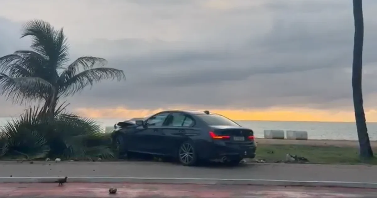 BMW invade calçada, derruba coqueiro e deixa rastro de destruição na orla da Jatiúca