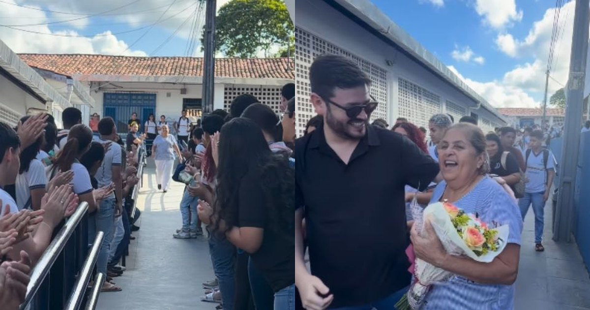 Aplausos, abraços e flores: merendeira recebe homenagem ao se aposentar após 30 anos de trabalho
