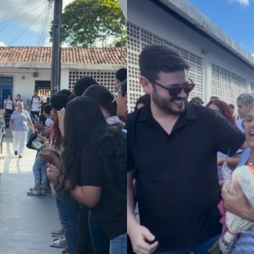 Aplausos, abraços e flores: merendeira recebe homenagem ao se aposentar após 30 anos de trabalho