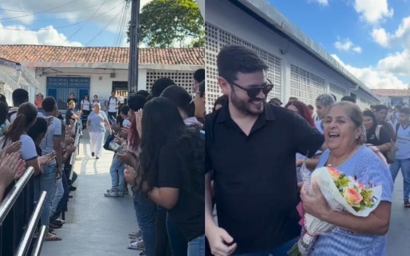 Aplausos, abraços e flores: merendeira recebe homenagem ao se aposentar após 30 anos de trabalho