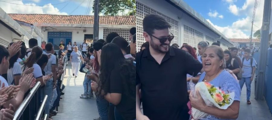 Aplausos, abraços e flores: merendeira recebe homenagem ao se aposentar após 30 anos de trabalho