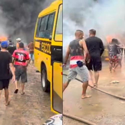 Vídeo mostra momento em que moradores tentam conter incêndio em ônibus escolares de Boca da Mata