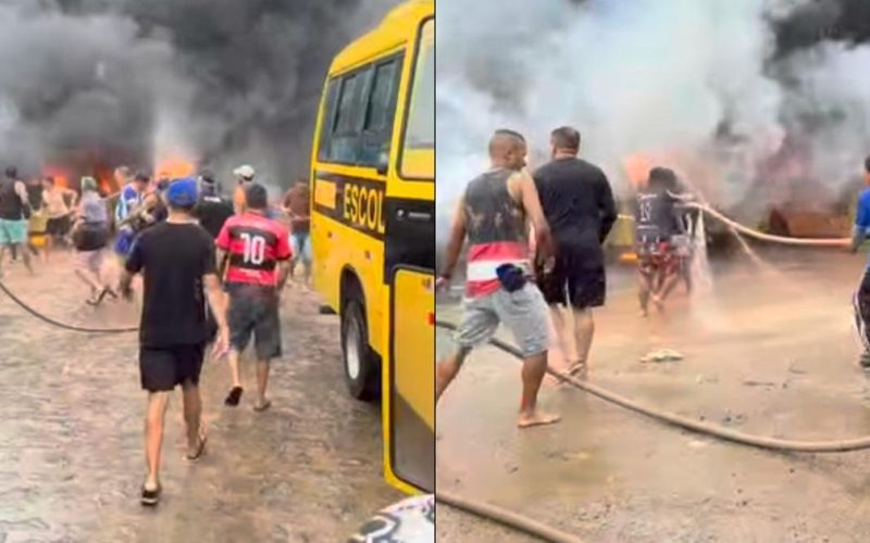 Vídeo mostra momento em que moradores tentam conter incêndio em ônibus escolares de Boca da Mata