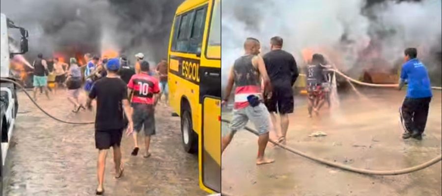 Vídeo mostra momento em que moradores tentam conter incêndio em ônibus escolares de Boca da Mata