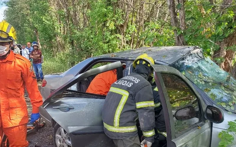 Carro colide contra árvore e deixa quatro feridos na BR-104