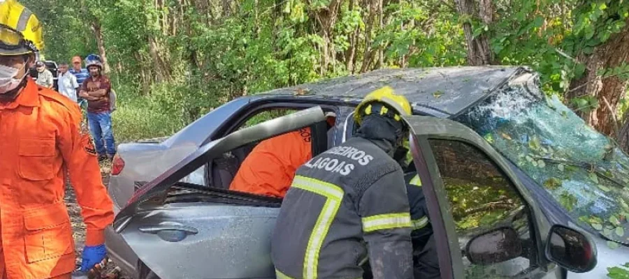 Carro colide contra árvore e deixa quatro feridos na BR-104