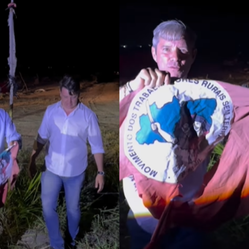 Cabo Bebeto arranca bandeira do MST e comemora desapropriação: “Nosso troféu”