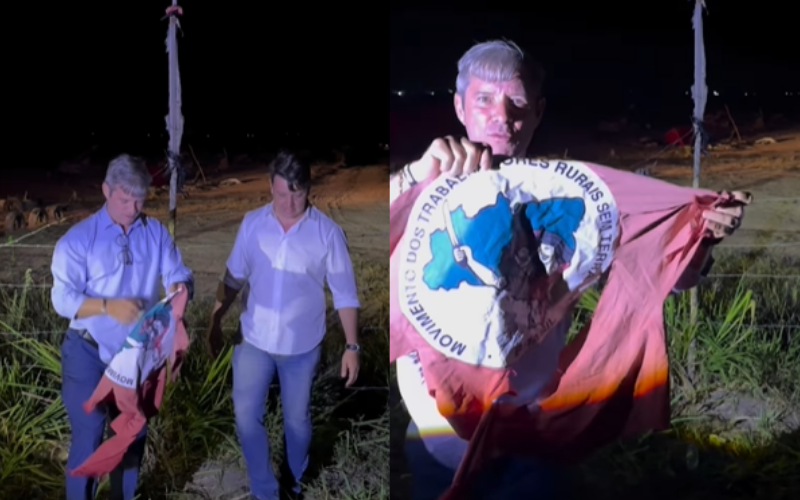 Cabo Bebeto arranca bandeira do MST e comemora desapropriação: “Nosso troféu”