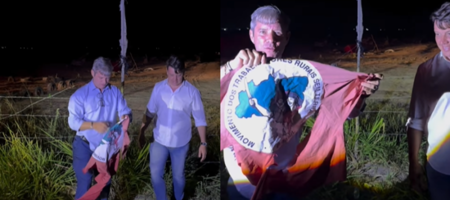 Cabo Bebeto arranca bandeira do MST e comemora desapropriação: “Nosso troféu”