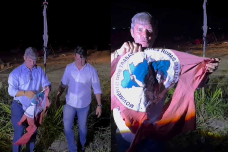 Cabo Bebeto arranca bandeira do MST e comemora desapropriação: “Nosso troféu”
