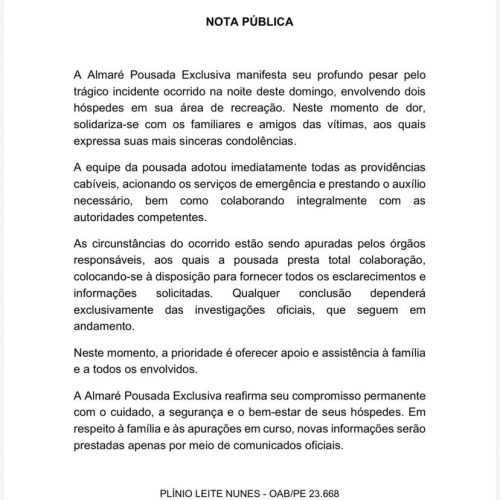 Pousada se manifesta após afogamento de mãe e filho em Maragogi