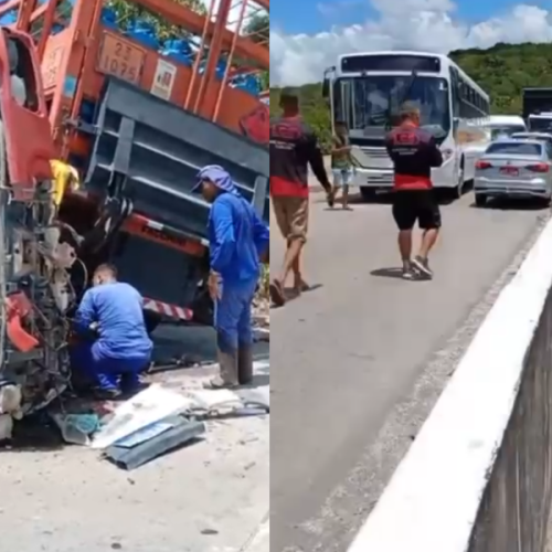 Motorista fica preso às ferragens após batida frontal entre caminhão de gás e caçamba no Benedito Bentes