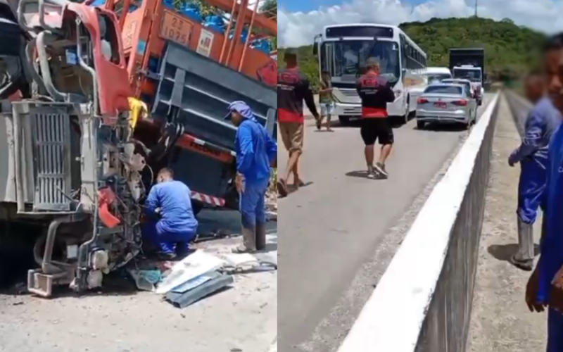 Motorista fica preso às ferragens após batida frontal entre caminhão de gás e caçamba no Benedito Bentes