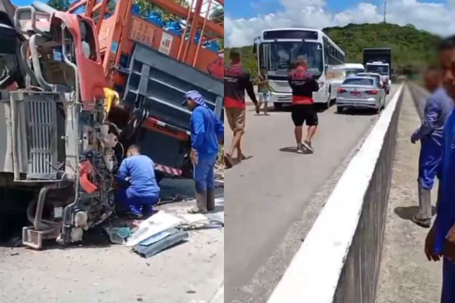 Motorista fica preso às ferragens após batida frontal entre caminhão de gás e caçamba no Benedito Bentes