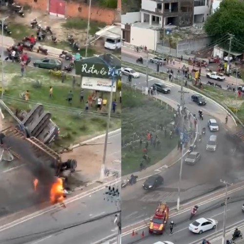 Acidente com caminhão provoca trânsito e princípio de incêndio na Rota do Mar
