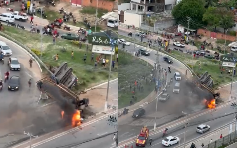 Acidente com caminhão provoca trânsito e princípio de incêndio na Rota do Mar
