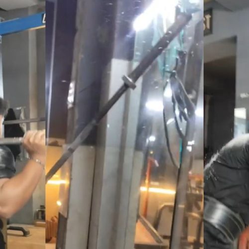Homem viraliza após perder controle de barra com pesos e quebrar espelho de academia