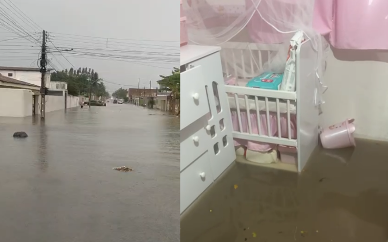 Vídeos registram ruas e casas alagadas após chuva em São Miguel dos Campos